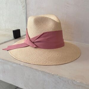 Freya Tan Hat with Pink Ribbon